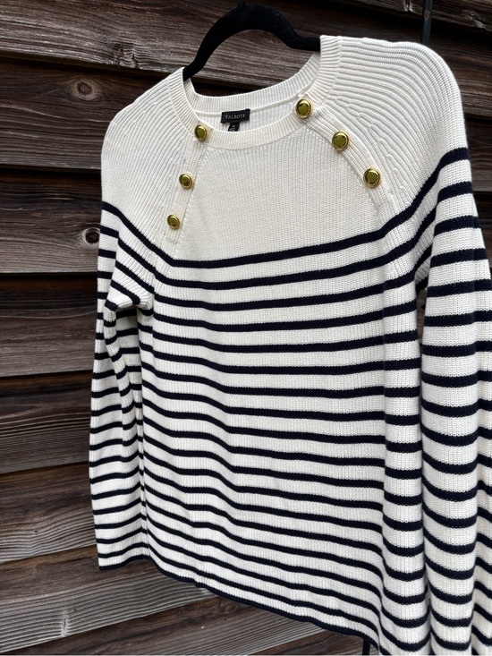 Talbots Sweaters - Talbots Cream and Navy Striped Crewneck Sweater with Gold Shoulder Buttons